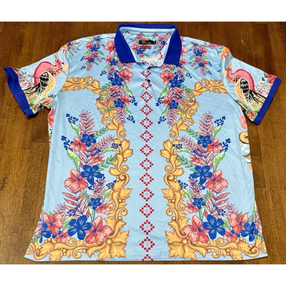 BAROCCO Los Angeles Blue Tropical Floral Damask Design Polo size 5XL ~Runs Small
